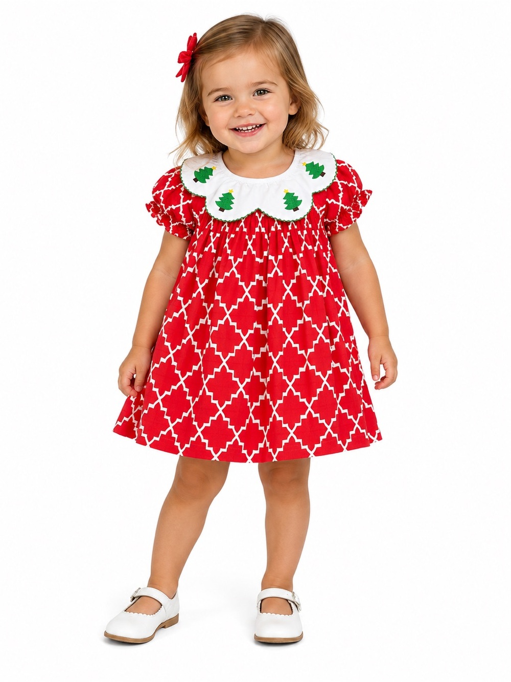 Girls Babeeni Red Holiday Tree Collar Dress